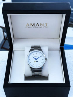 SANTORINI MOONPHASE luxury watch with surgical steel, moonphase complication, and sapphire crystal in black presentation box