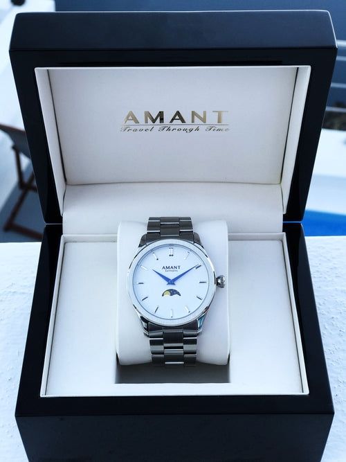 SANTORINI MOONPHASE luxury watch with surgical steel, moonphase complication, and sapphire crystal in black presentation box