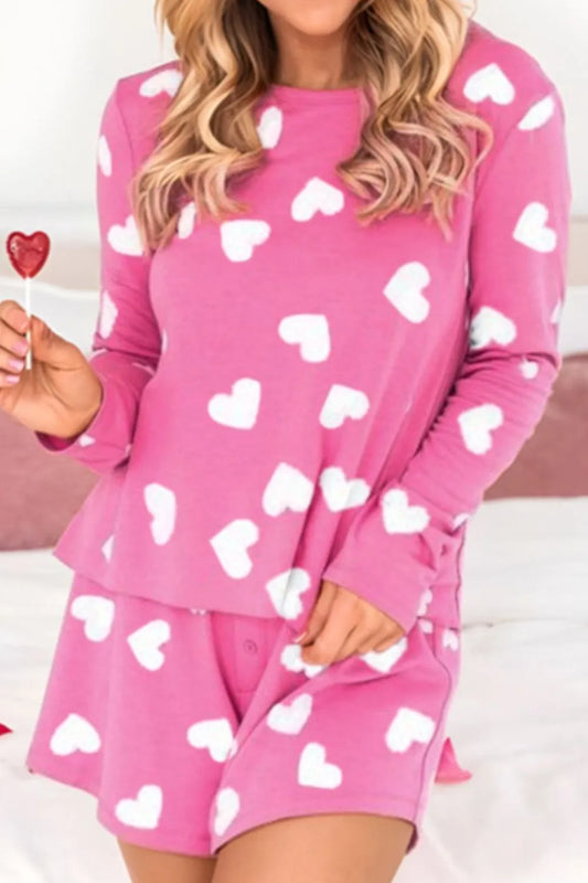 Pink heart round neck long sleeve top and elastic waist shorts set with white heart patterns
