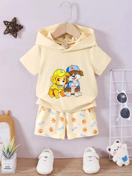 Children's dog short sleeve hoodie and shorts set with cartoon puppy design, beige color, made of polyester and elastane.