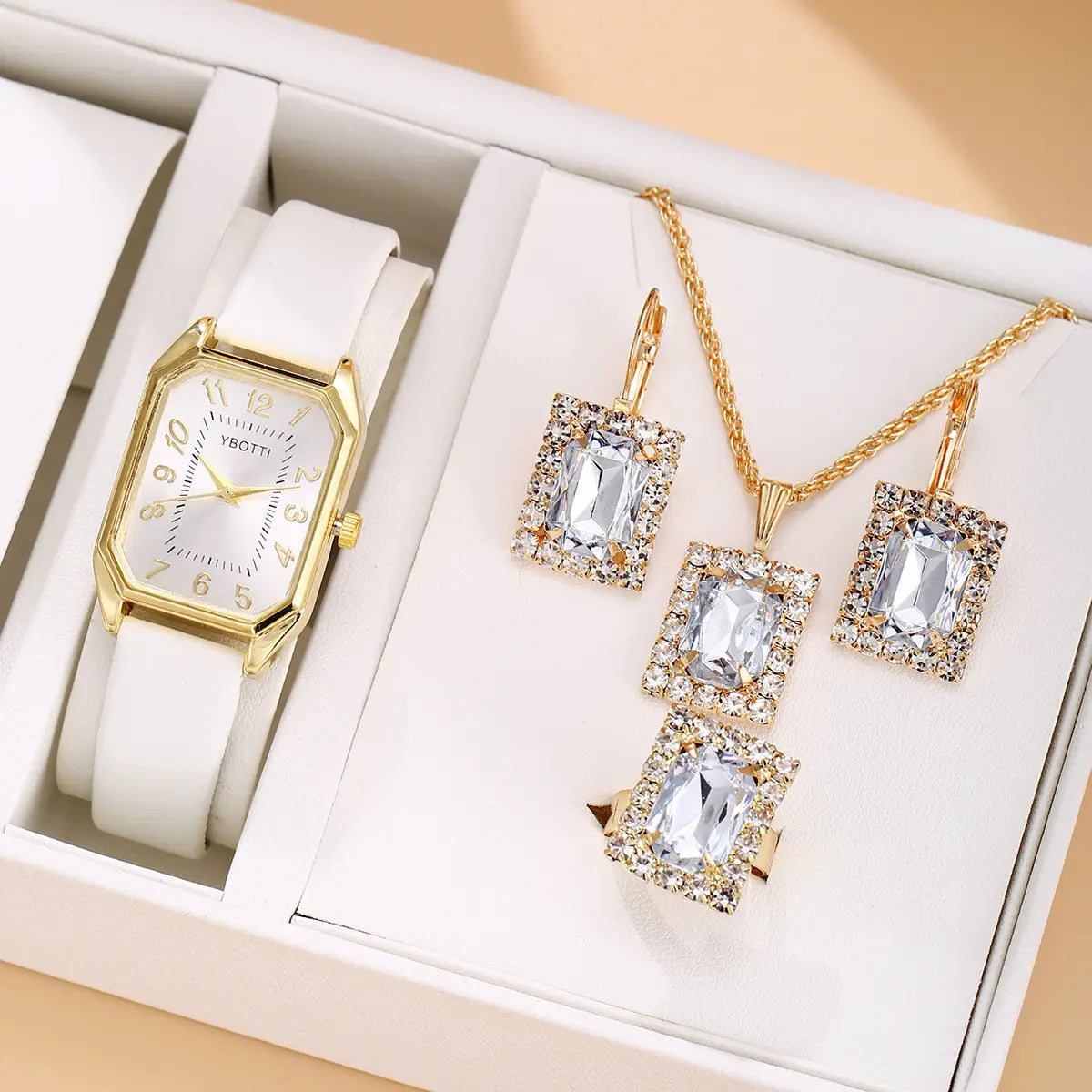 Leather Women’s Watch Square Quartz Watch Korean Necklace Earrings Ring Set