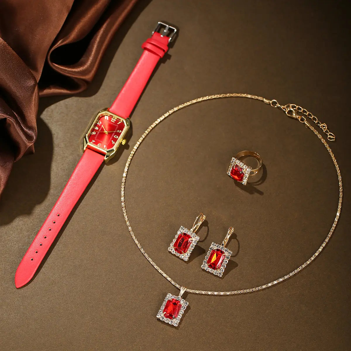 Leather Women’s Watch Square Quartz Watch Korean Necklace Earrings Ring Set