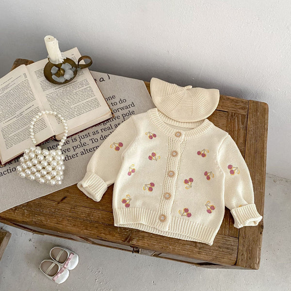 Cherry Embroidery Knitted Long-sleeved Coat Children's New Top