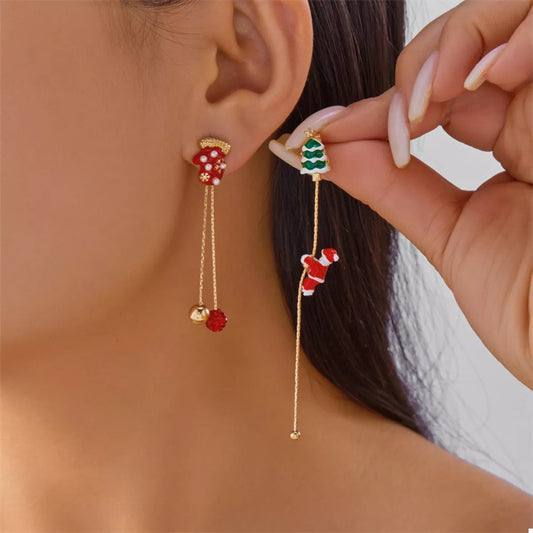 Christmas Santa drop earrings with gold-plated and resin festive designs, 3.3-inch length