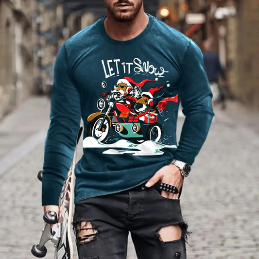 3D digital printing holiday atmosphere round neck long-sleeved shirt with festive design.
