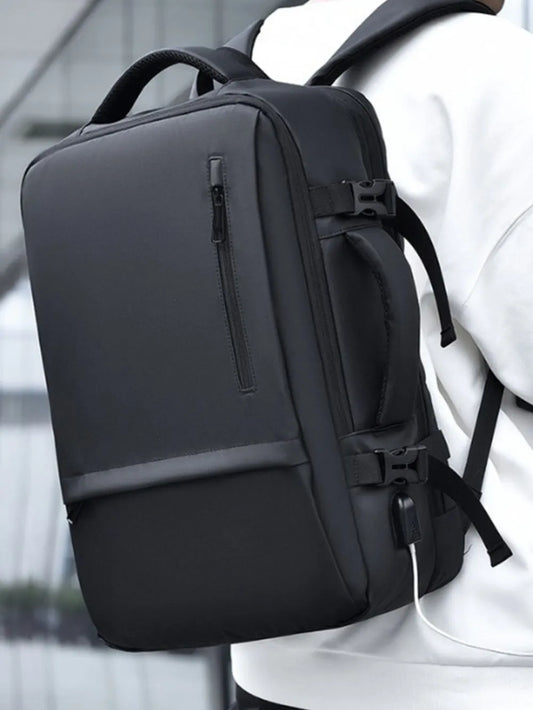 Large black multi-pockets adjustable straps backpack made of polyester with USB charging port