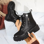 Black round toe boots with mid block heels, lace-up and side zipper, made of PU leather and rubber soles