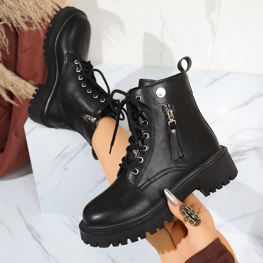 Black round toe boots with mid block heels, lace-up and side zipper, made of PU leather and rubber soles