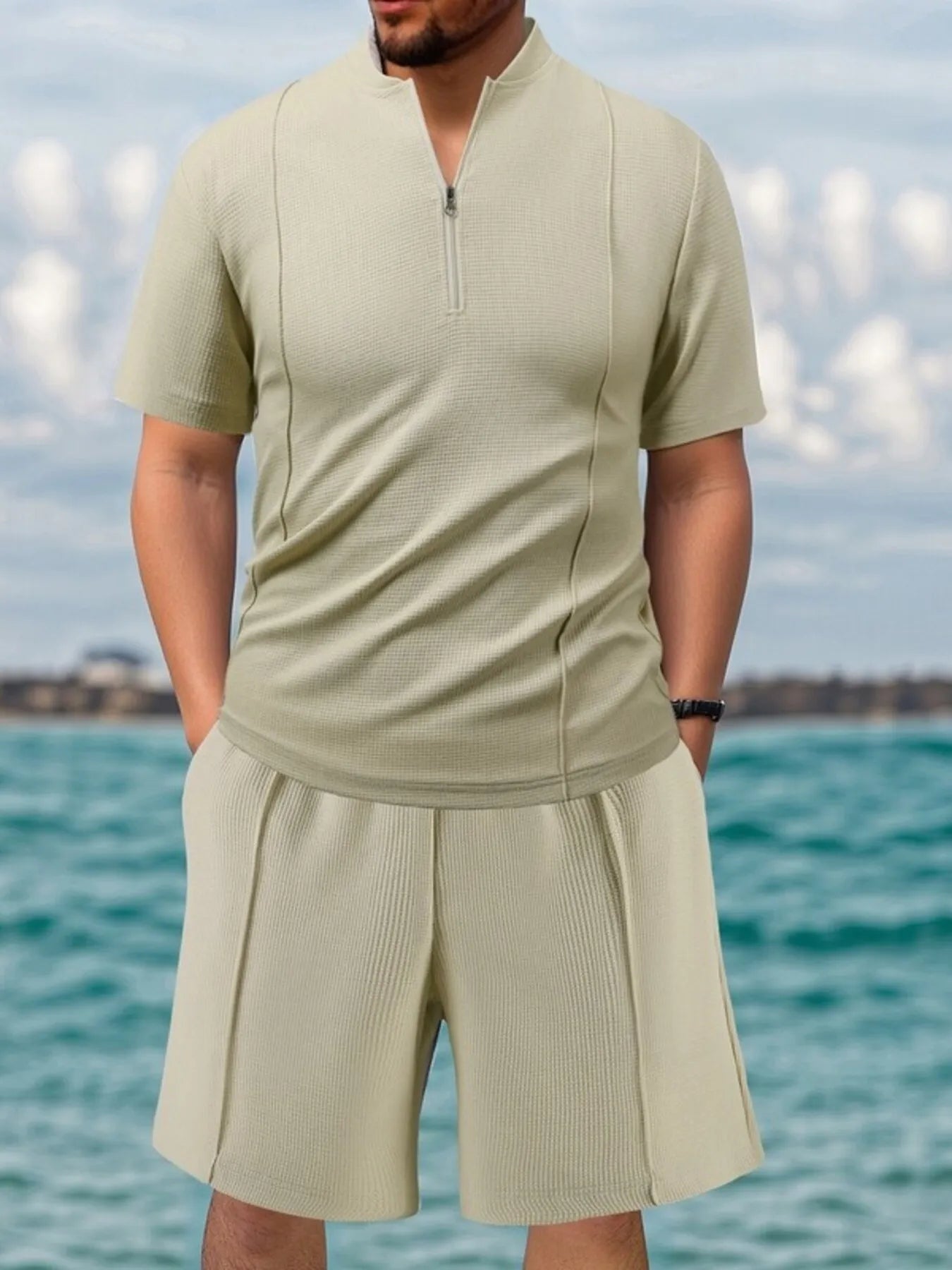 Men's full size zip front short sleeve top and shorts set in beige with pockets and slight stretch