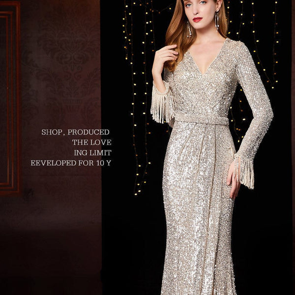 Silver sequined long evening dress for ladies, perfect for weddings and banquets.