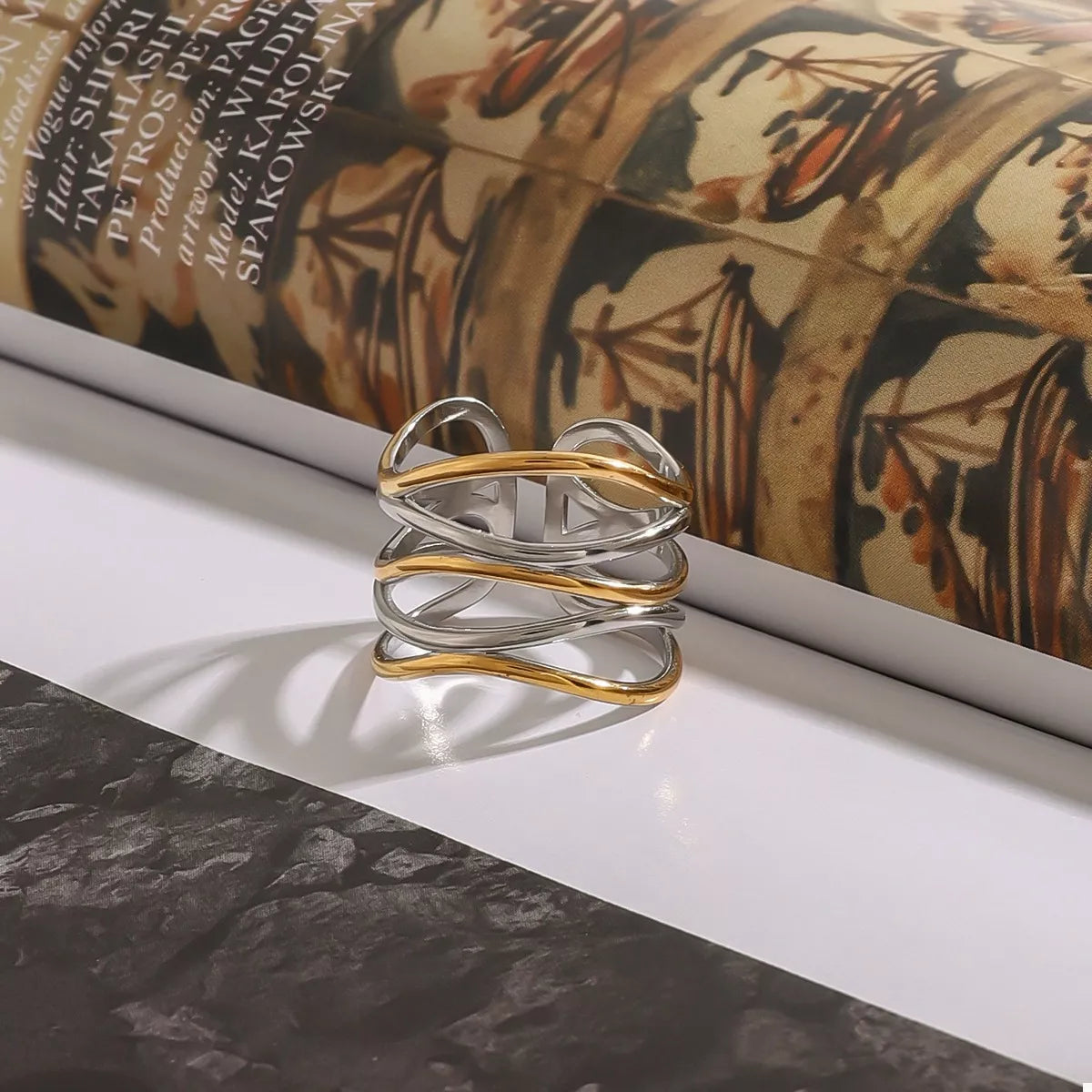 Two-tone open ring with 18K gold plating and stainless steel, one size, modern design