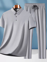 Men's plus size button detail short sleeve top and drawstring pants set in light gray, slightly stretchy polyester blend