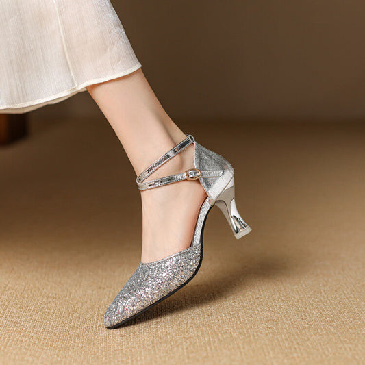 High Heel Women's Shoes with Pointed Toe and Strap in Silver.