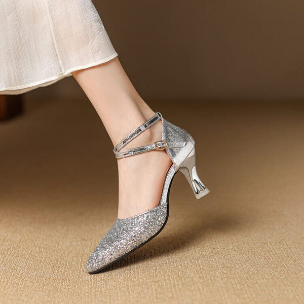 High Heel Women's Shoes with Pointed Toe and Strap in Silver.