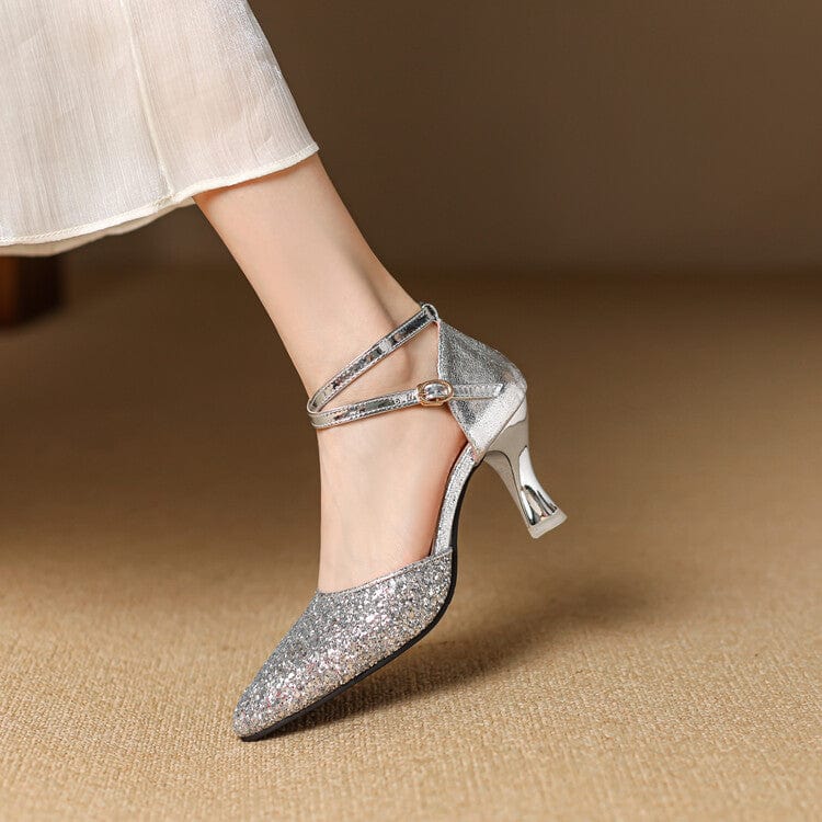 High Heel Women's Shoes with Pointed Toe and Strap in Silver.