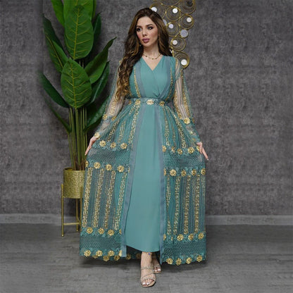 Elegant vest dress in kraft tan color with embroidered chiffon details, featuring long sleeves and a long skirt design.