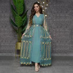 Elegant vest dress in kraft tan color with embroidered chiffon details, featuring long sleeves and a long skirt design.