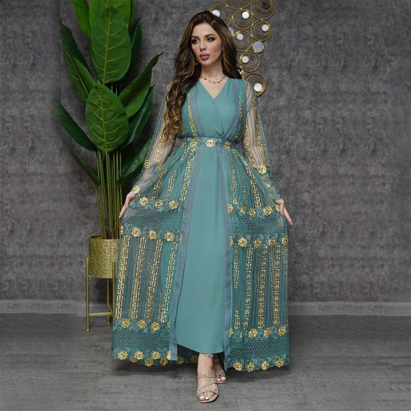 Elegant vest dress in kraft tan color with embroidered chiffon details, featuring long sleeves and a long skirt design.