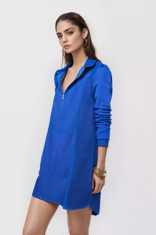 Double Take Textured quarter zip long sleeve blue dress with slight stretch and opaque fabric