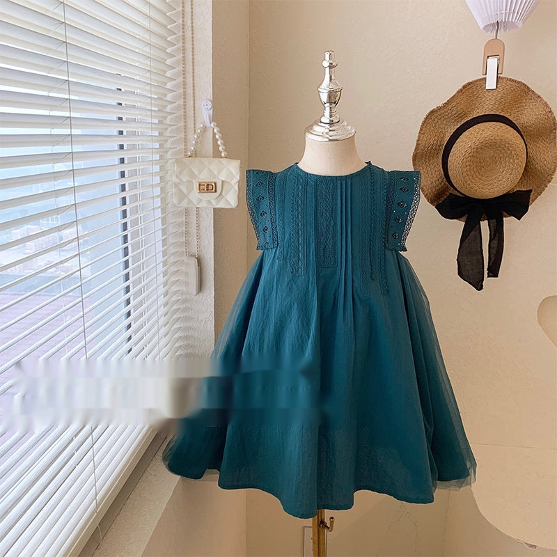 Girls' Summer Green Mesh Stitching Sleeveless Lace Vest Dress
