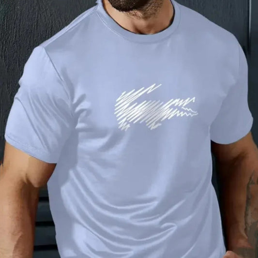 Men's casual 3D printed short sleeve t-shirt in light blue with digital graphic.