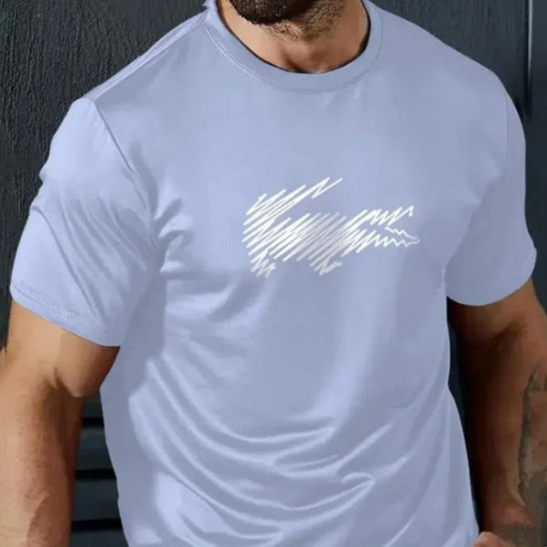 Men's casual 3D printed short sleeve t-shirt in light blue with digital graphic.