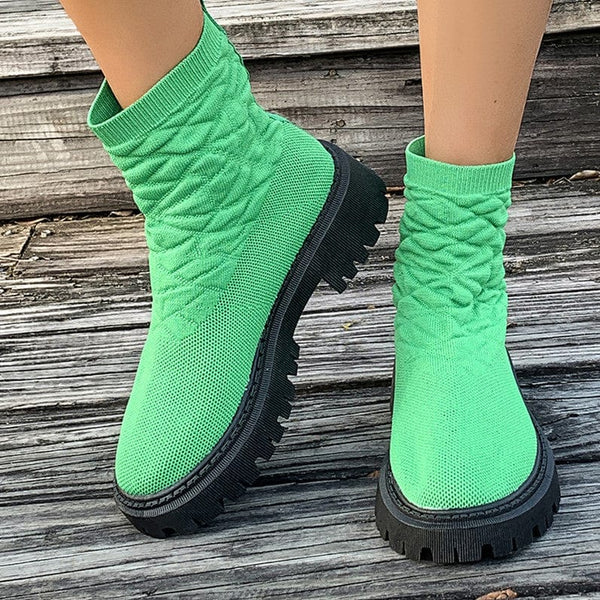 Women's Thick Heel Casual Martin Boots in Grass Green, Mid-Calf Length.