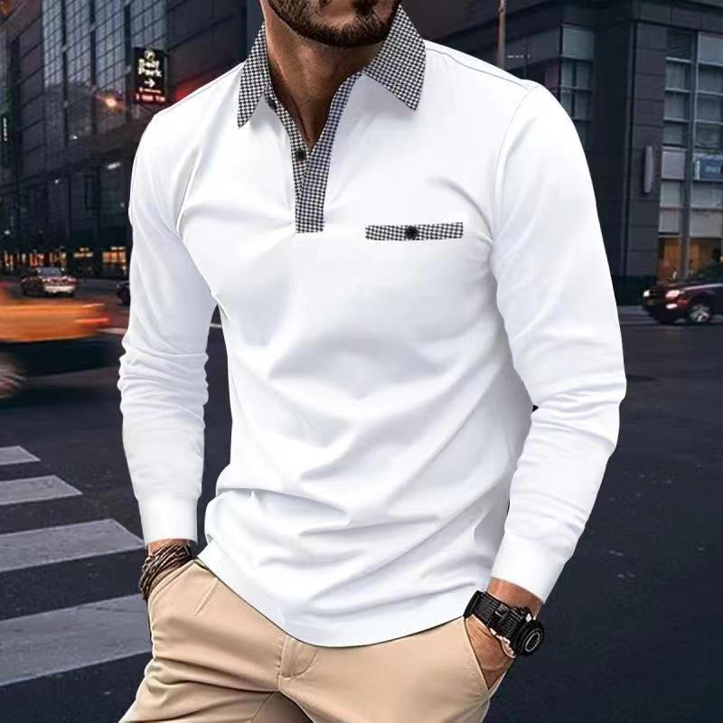Leisure plaid lapel polo shirt for men in white, featuring long sleeves and stylish plaid accents.
