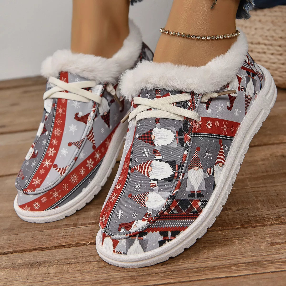 Christmas print round toe sneakers with plush lining and festive gnome pattern on gray and red canvas flats