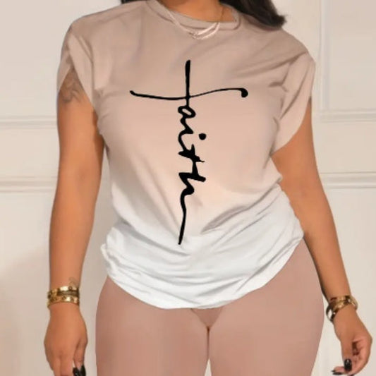 Casual daily two-piece set with beige top and pants, featuring 'faith' print.