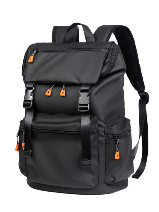 Large black Oxford cloth backpack with multiple pockets and orange zipper pulls
