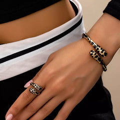 18K Gold-Plated Leopard Bypass Ring and Bracelet Jewelry Set