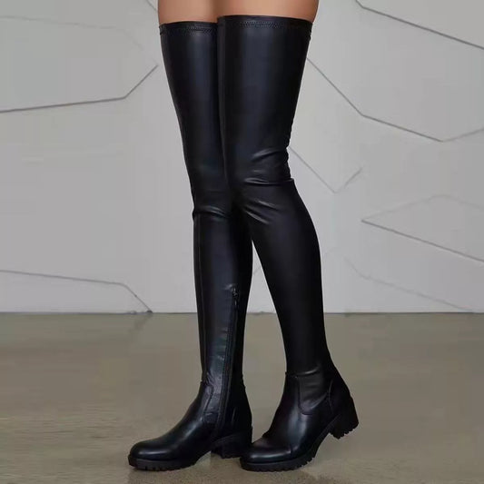 Black over-the-knee boots with block mid heels in PU leather and rubber soles
