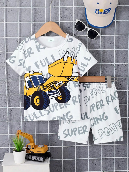 Children's round neck cartoon graphic t-shirt and shorts set with construction vehicle design