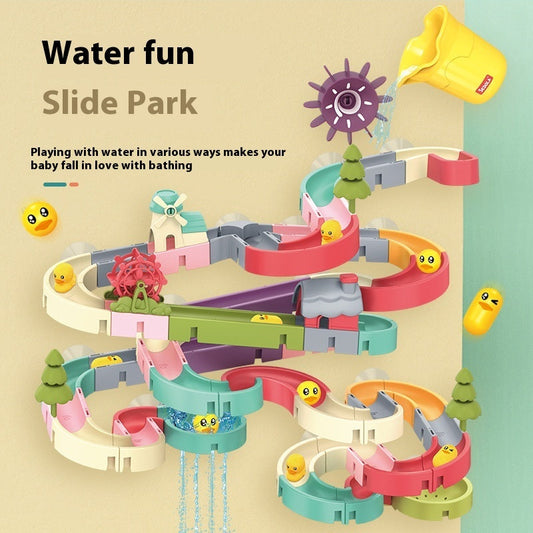 Colorful assembled track duck rotary table for bath and shower, water fun slide park toy with interactive features and multiple pieces.