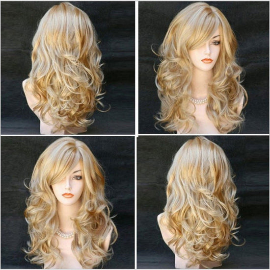 Long blonde wig styled for European and American fashion, featuring loose curls.