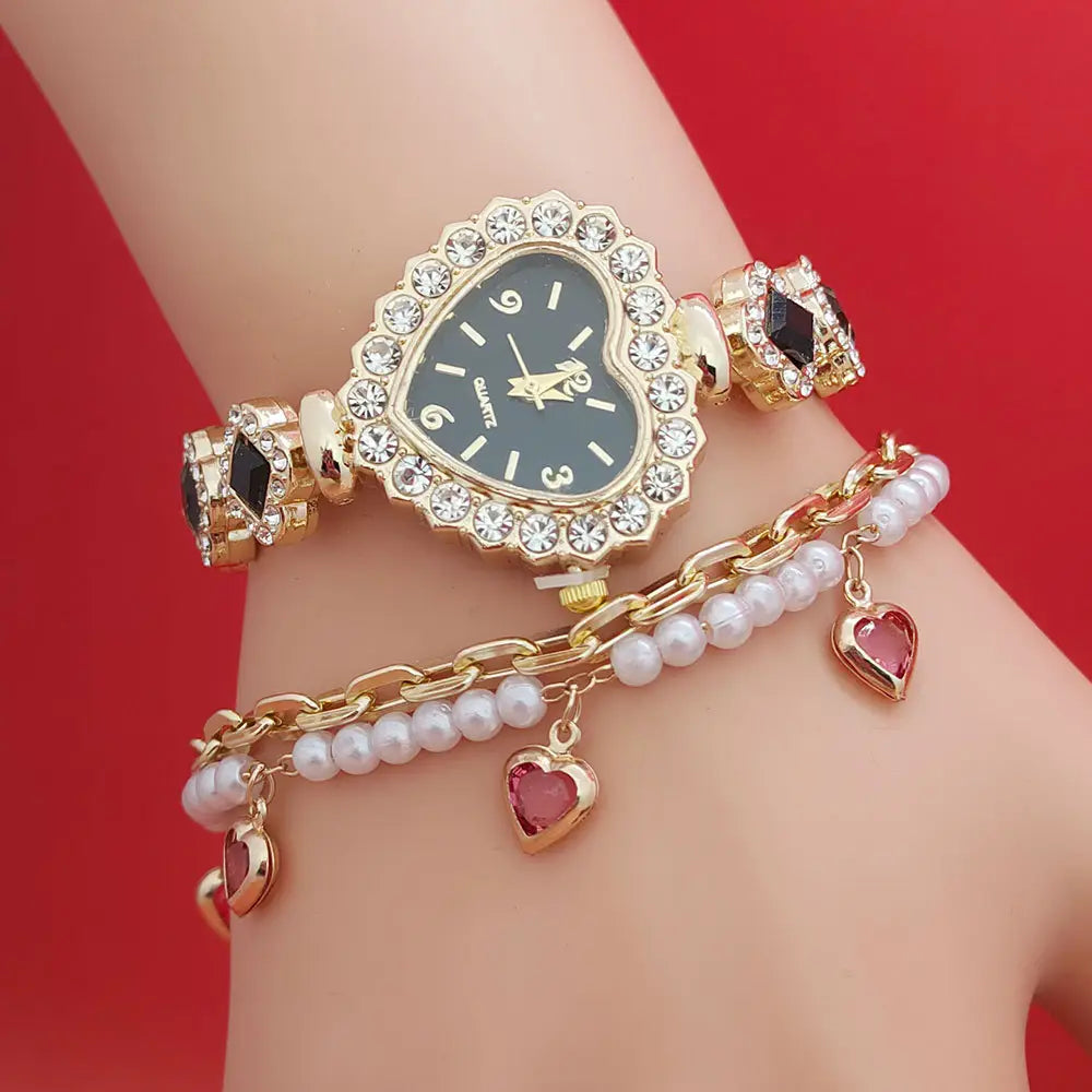 Fashion Love Shape Bracelet Watch Set Diamond Colored Heart Quartz Watch Women’s Fashion Jewelry Set Valentine’s Day
