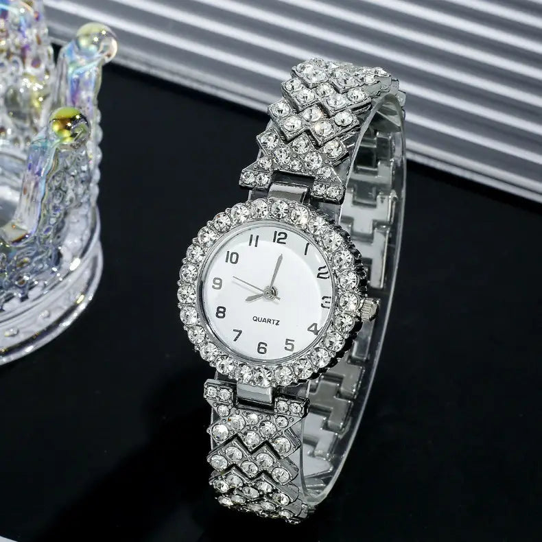 Fashion Jewelry 2pcs Luxury Fashion Women Watch Set Silver Strap Ladies Quartz Wristwatch Alloy Bracelet For Ladies