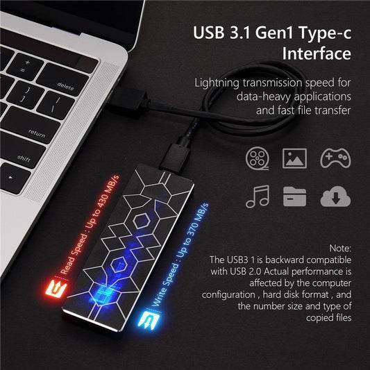 Ultra-thin mobile SSD with USB 3.1 Type-C interface connected to laptop for fast data transfer.