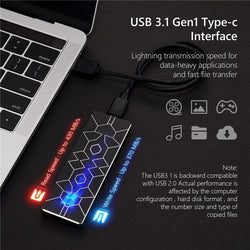 Ultra-thin mobile SSD with USB 3.1 Type-C interface connected to laptop for fast data transfer.
