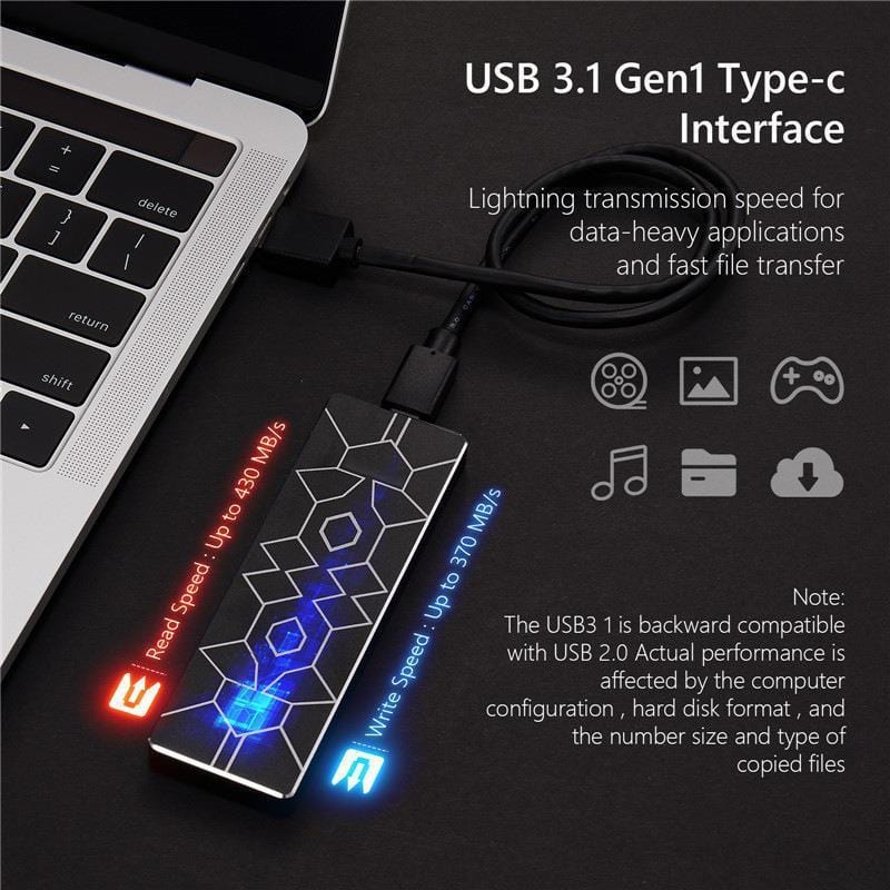 Ultra-thin mobile SSD with USB 3.1 Type-C interface connected to laptop for fast data transfer.