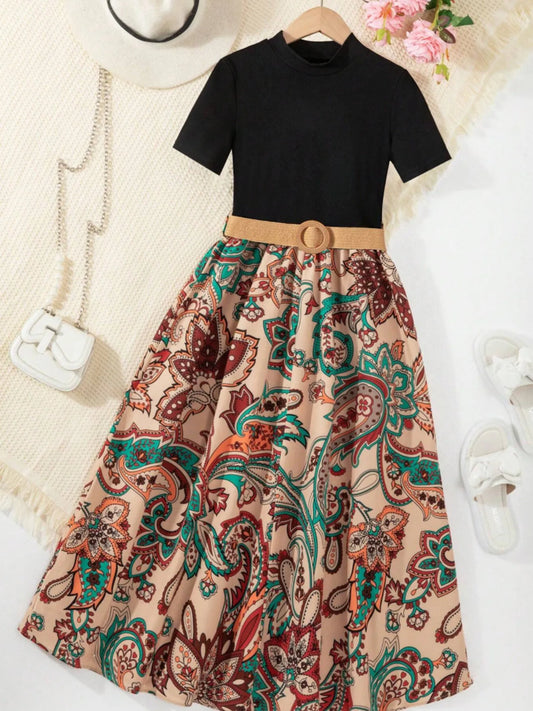 Children's printed short sleeve dress with belted waist and patterned skirt