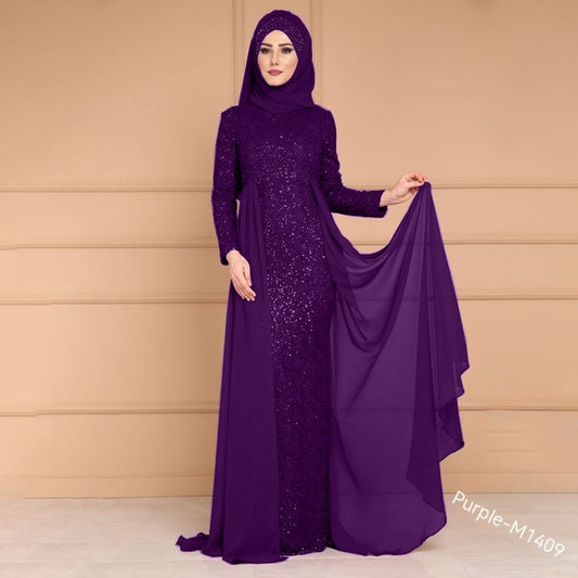 Noble elegant slim sequined long fish tail dress in purple with high waist and long sleeves.