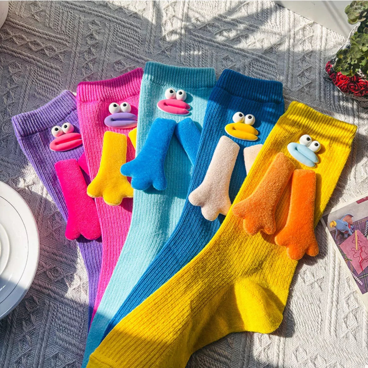 Colorful cartoon ribbed knit crew socks with 3D duck faces and wings, polyester fiber, one size.