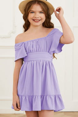 Girl wearing a cute lavender ruffle hem tie-back dress with off-shoulder flutter sleeves and a square neckline