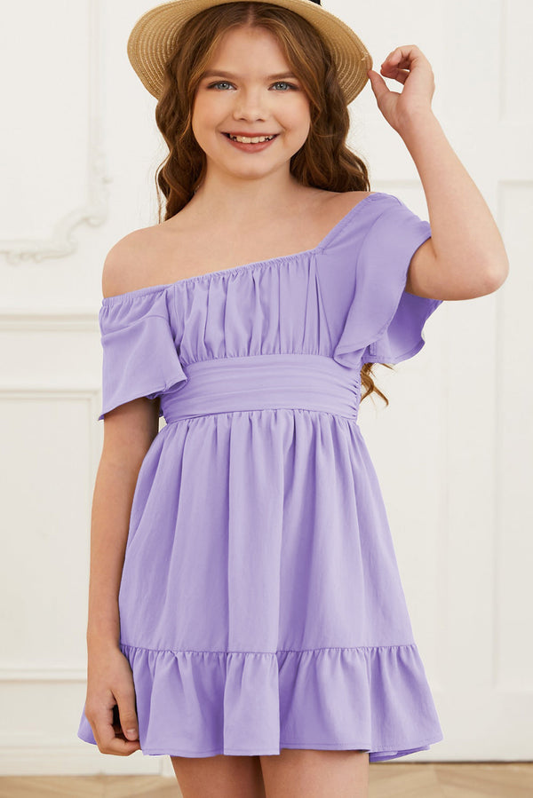 Girl wearing a cute lavender ruffle hem tie-back dress with off-shoulder flutter sleeves and a square neckline