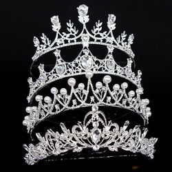 Super glitter pearl rhinestone headband headdress with vintage alloy crown design, adorned with white crystals and pearls.