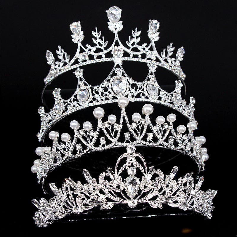 Super glitter pearl rhinestone headband headdress with vintage alloy crown design, adorned with white crystals and pearls.