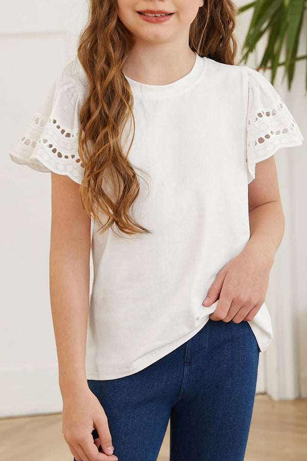 White round neck flutter sleeve t-shirt with eyelet puff short sleeves, casual cotton blend top for girls