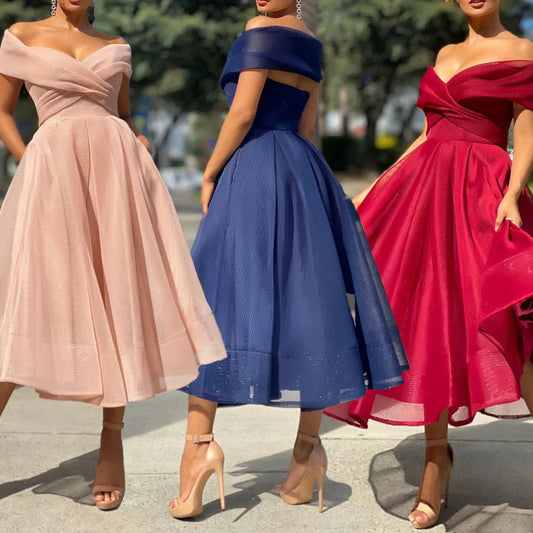 Womens solid casual party night off shoulder backless dresses in pink, blue, and red.